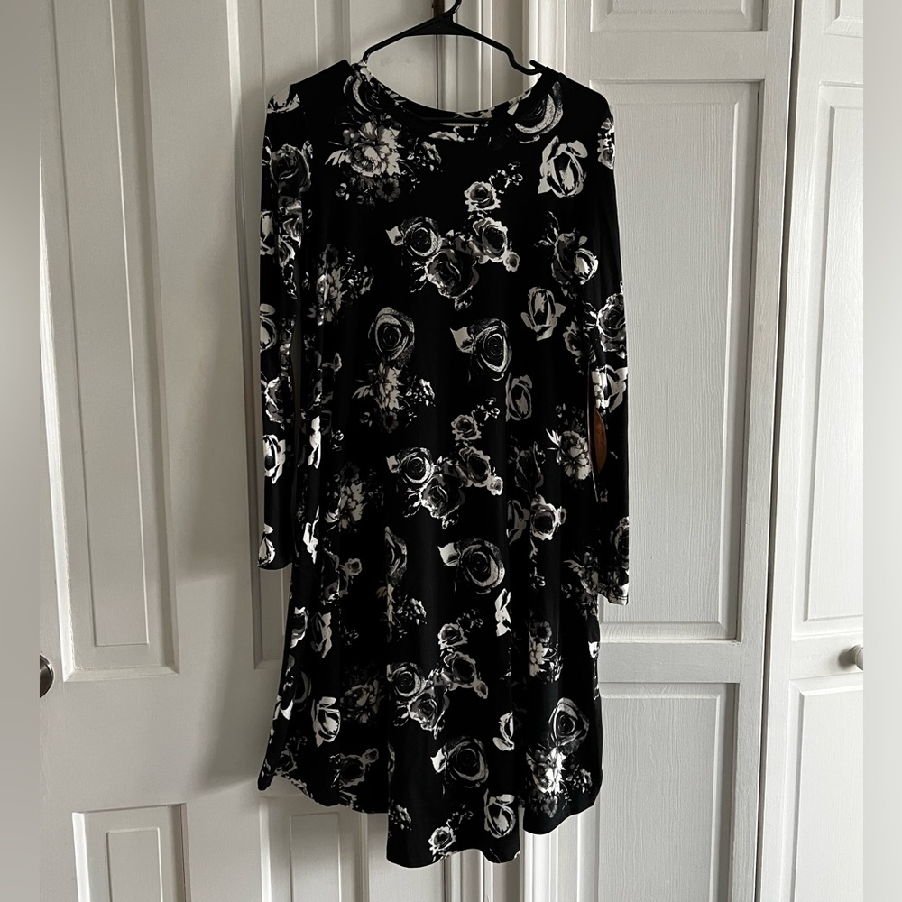 Black Floral Midi Dress with Brown Suede Elbow Patches